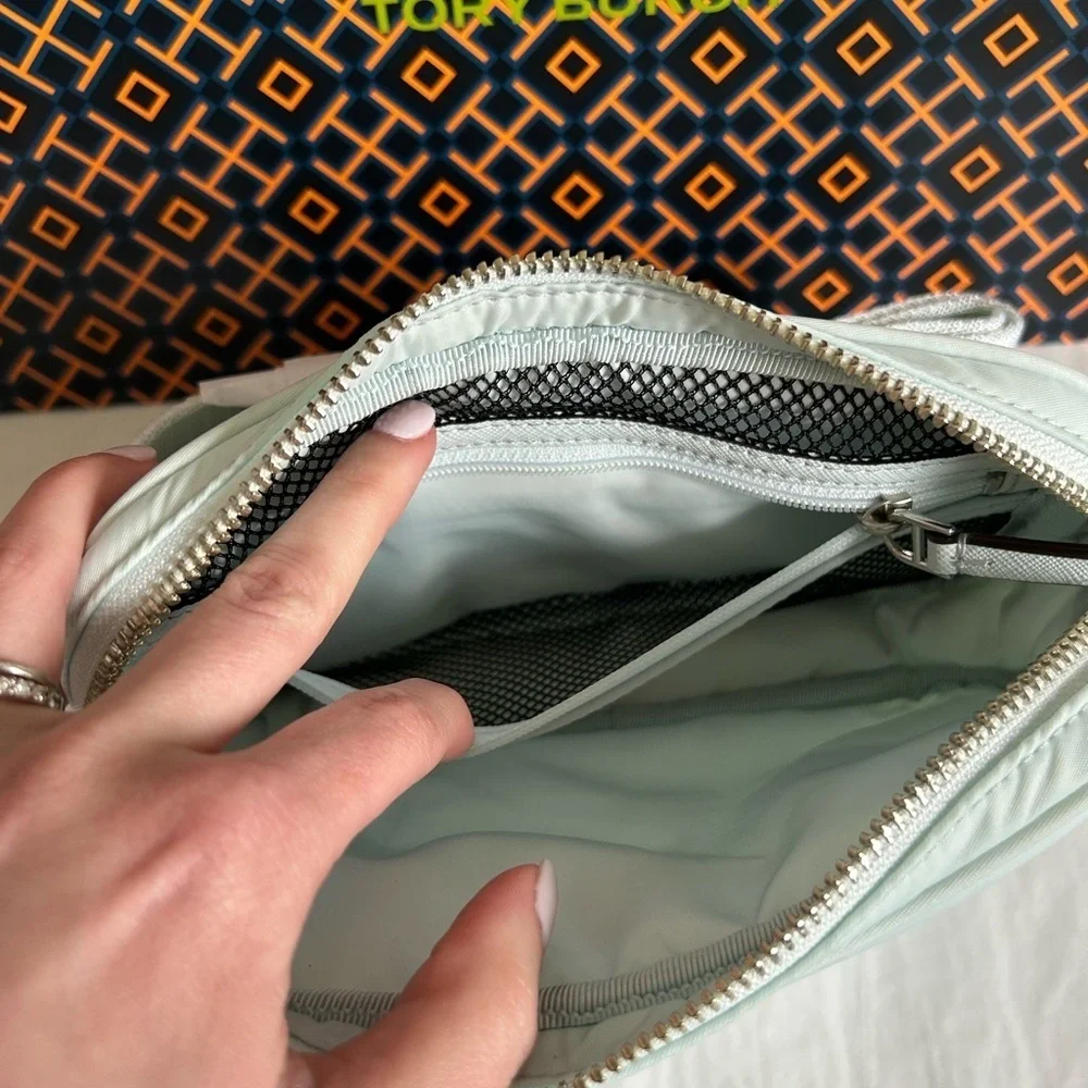 Tory Burch Virginia Nylon Belt Bag Crossbody Bag Ice Blue Silver Baby Blue Light